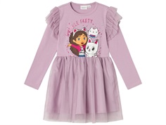 Lilla kjole med tylskørt og print med gabbys dukkehus fra Name It 13236208 lavender mist